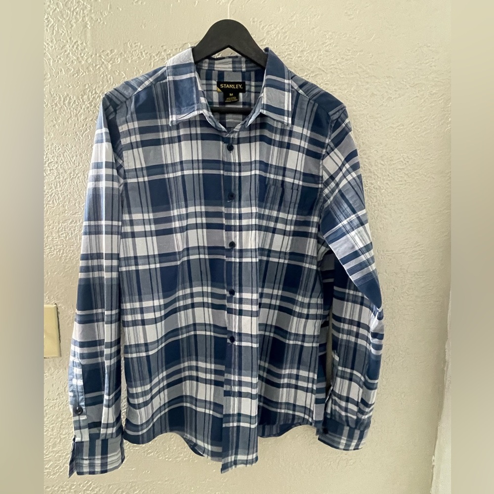 Stanley‎ Navy and White Plaid Long Sleeve Button Down Casual Shirt Size Medium